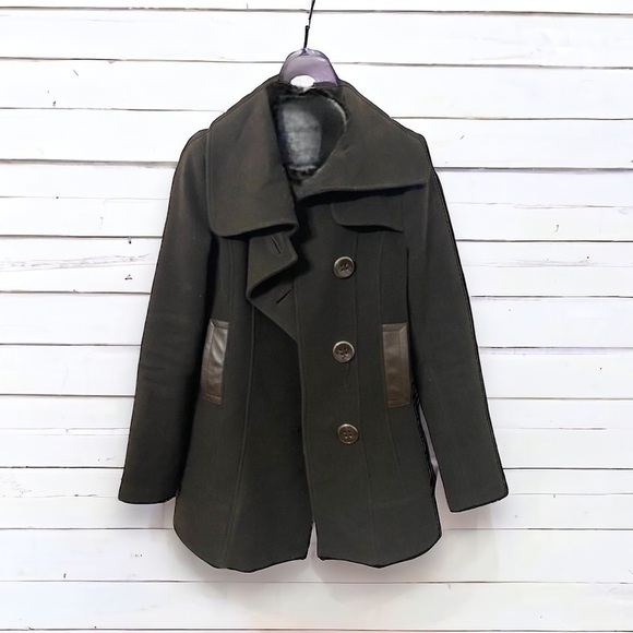 Mackage Wool & Cashmere w/ Leather Trim Pockets Pea Coat Jacket, Size Small - Picture 1 of 5